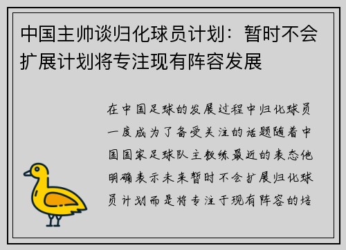 中国主帅谈归化球员计划：暂时不会扩展计划将专注现有阵容发展