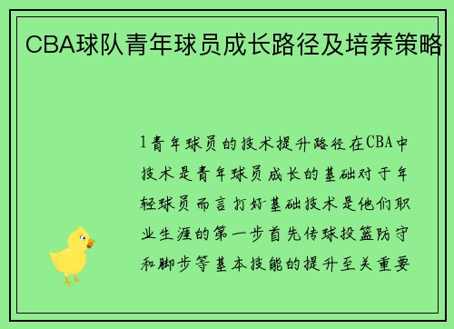 CBA球队青年球员成长路径及培养策略
